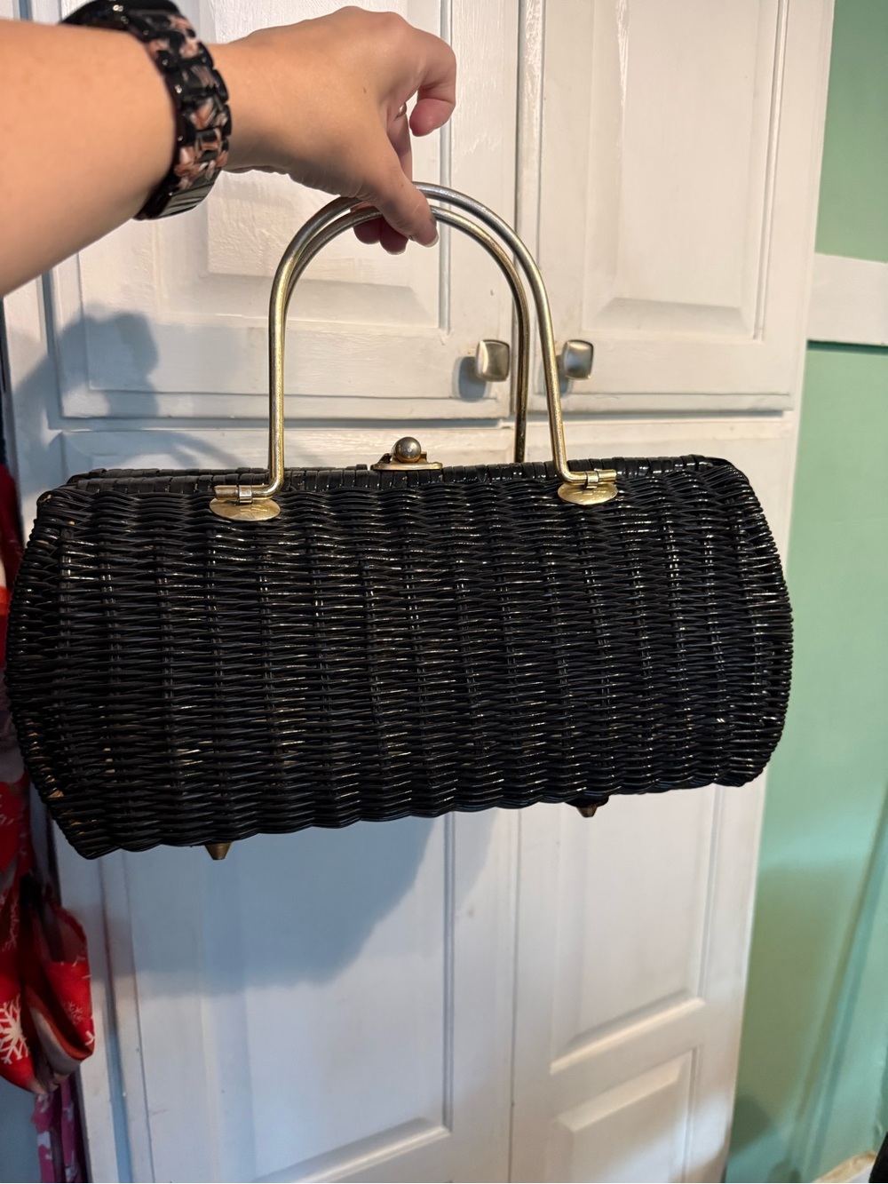 Black Woven Top-Handle Bag with Gold Hardware